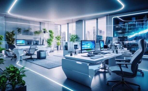 Weißes futuristisches Büro mit modernen Technologien. Generative KI.