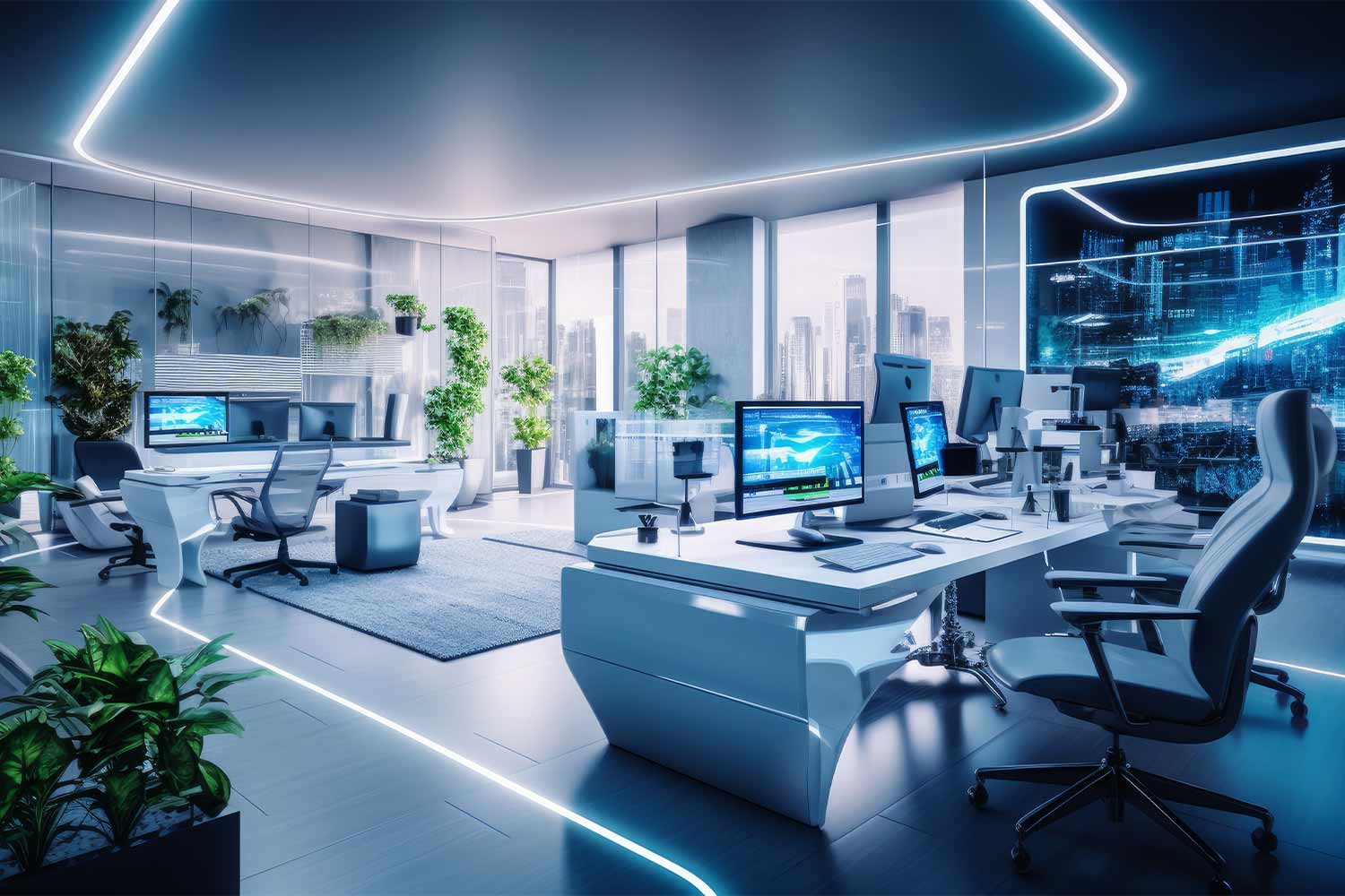 Weißes futuristisches Büro mit modernen Technologien. Generative KI.